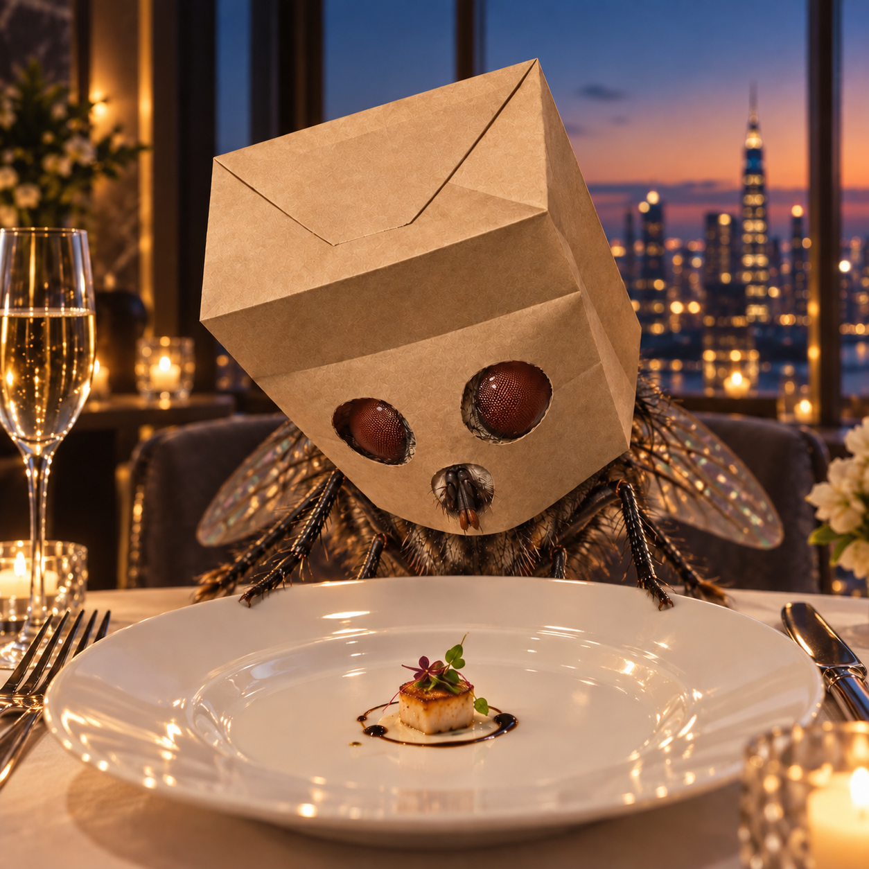 AnonymousFly enjoying an extravagant penthouse dinner